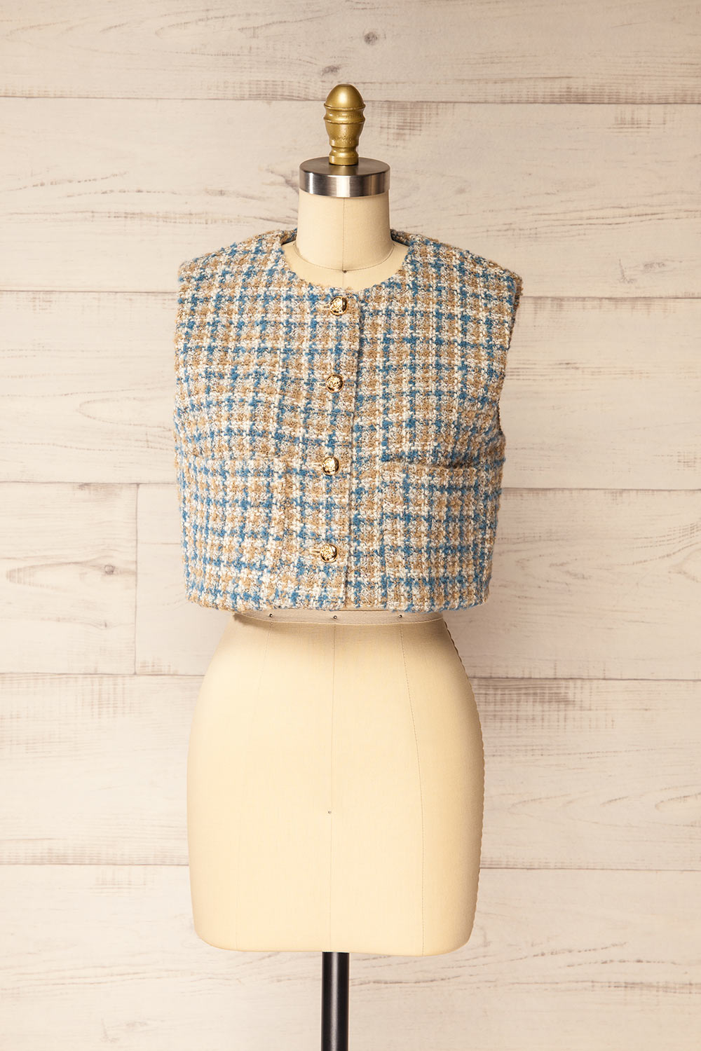 Panauti Tweed Sleeveless Top with Golden Buttons | La petite garçonne front view
