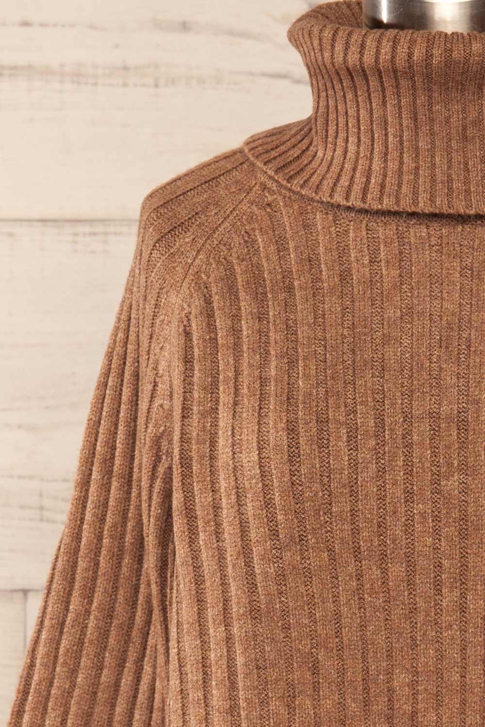 Paramaribo Brown Asymmetrical Knit Sweater | La petite garçonne front close-up
