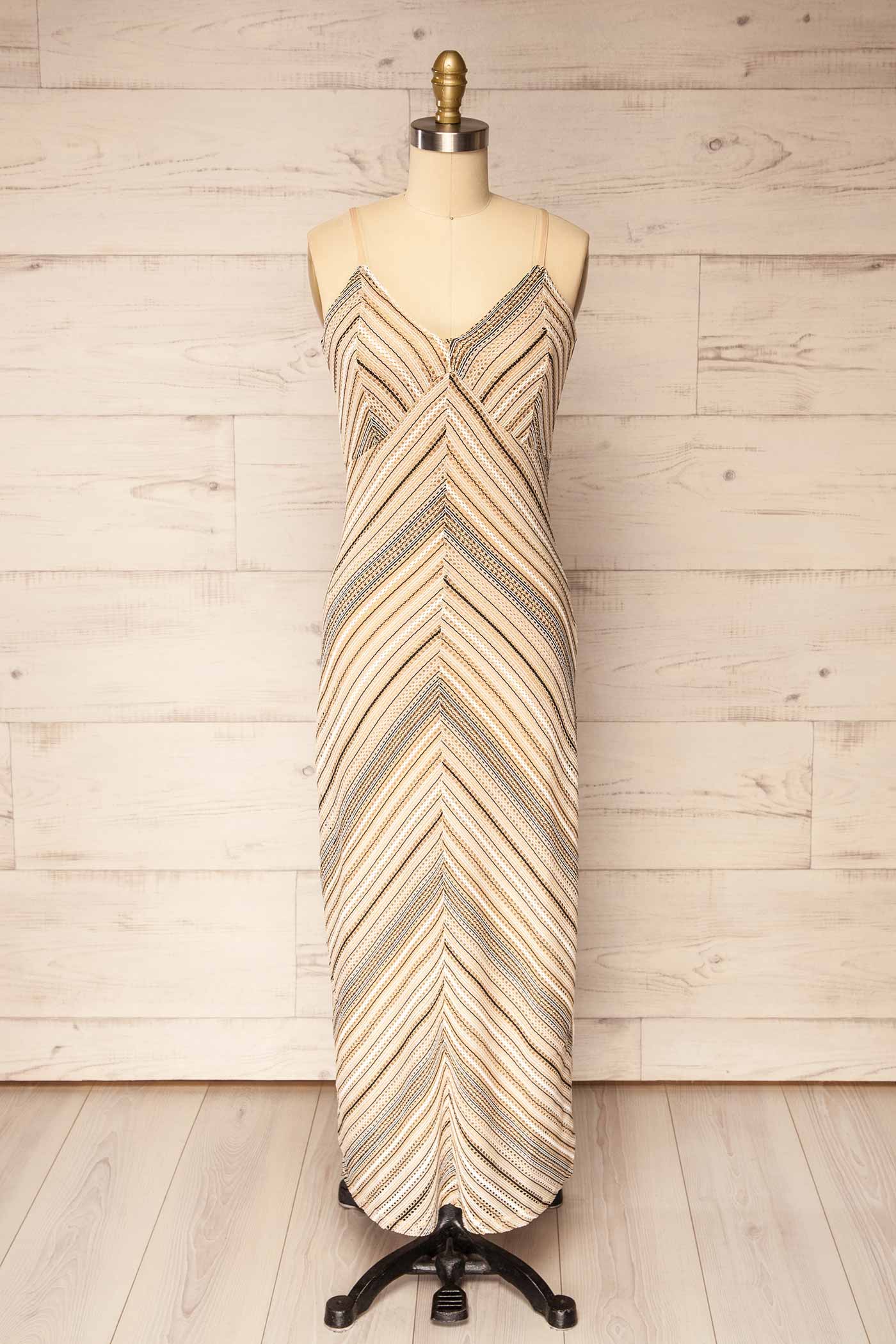 Pavia Beige Multi Chevron Stripe Pointelle Crochet Midi Dress | La petite garçonne front