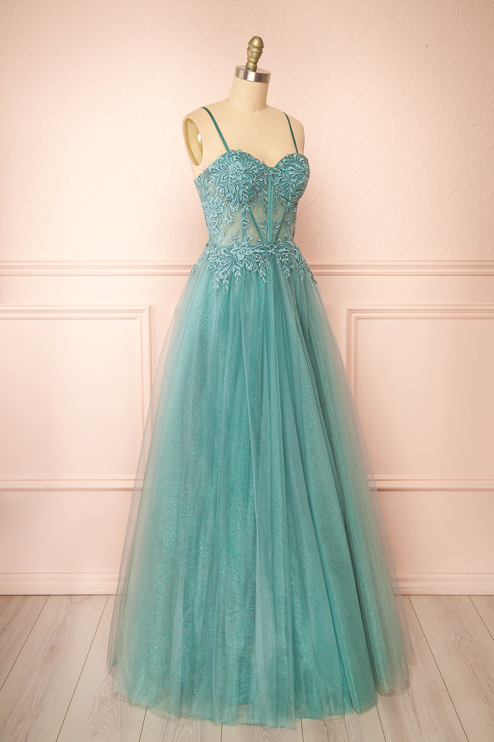 Penelope Sparkling Teal Maxi Tulle Dress | Boutique 1861 side view
