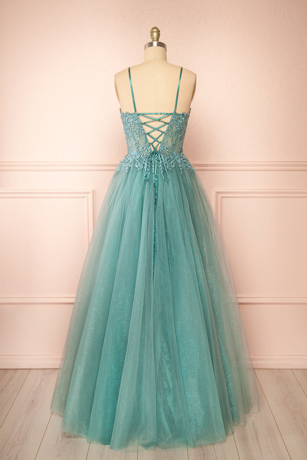 Penelope Sparkling Teal Maxi Tulle Dress | Boutique 1861 back view