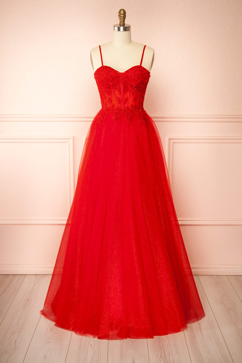 Penelope Red Sparkling Tulle Maxi Dress | Boutique 1861 front view
