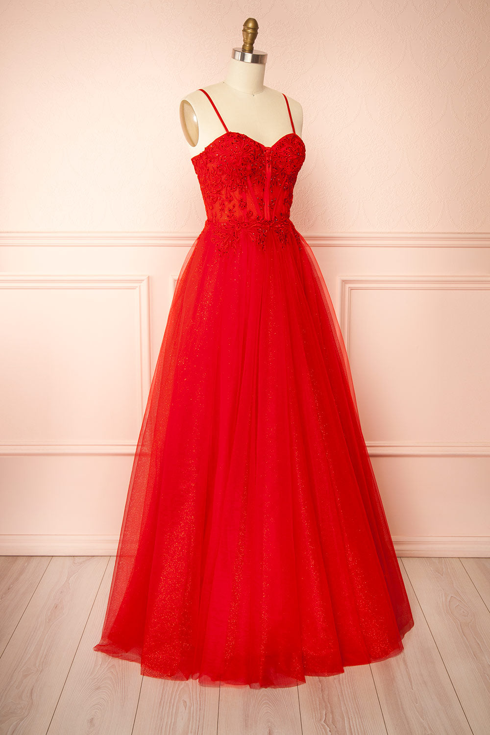Penelope Red Sparkling Tulle Maxi Dress | Boutique 1861 side view