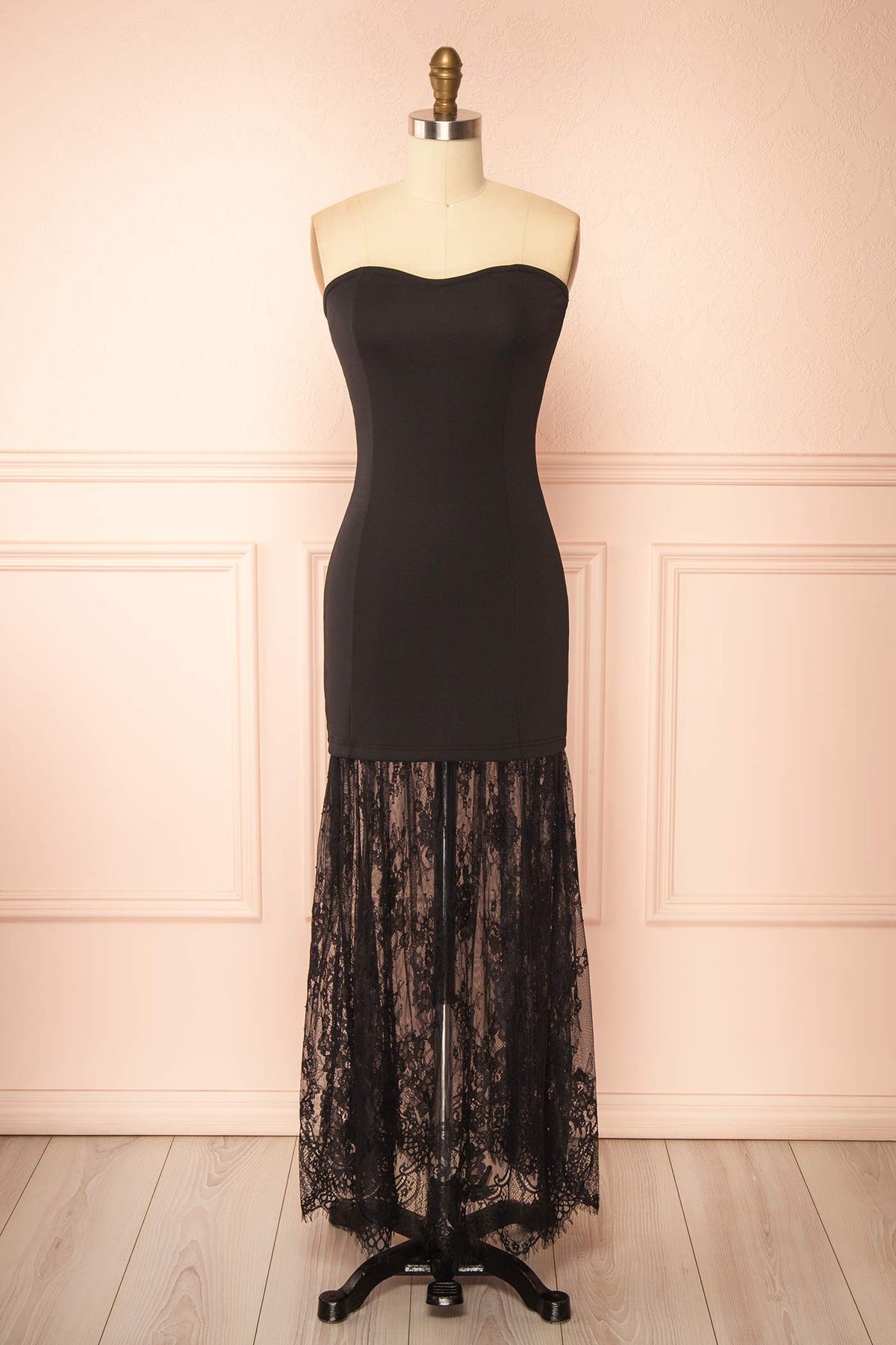 front view of Peronia Black Strapless Maxi Dress with Sheer Lace Hem at Boutique 1861
