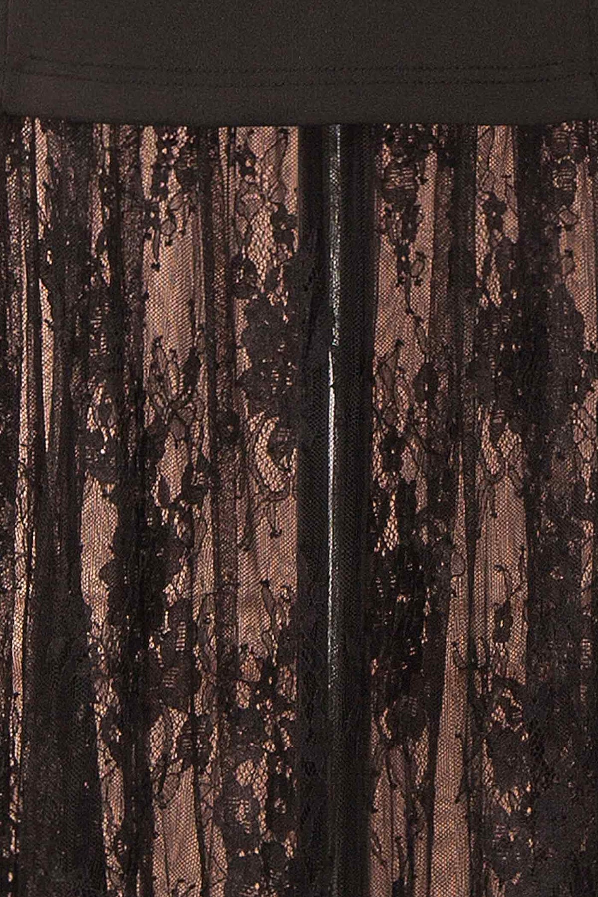 fabric view of Peronia Black Strapless Maxi Dress with Sheer Lace Hem at Boutique 1861