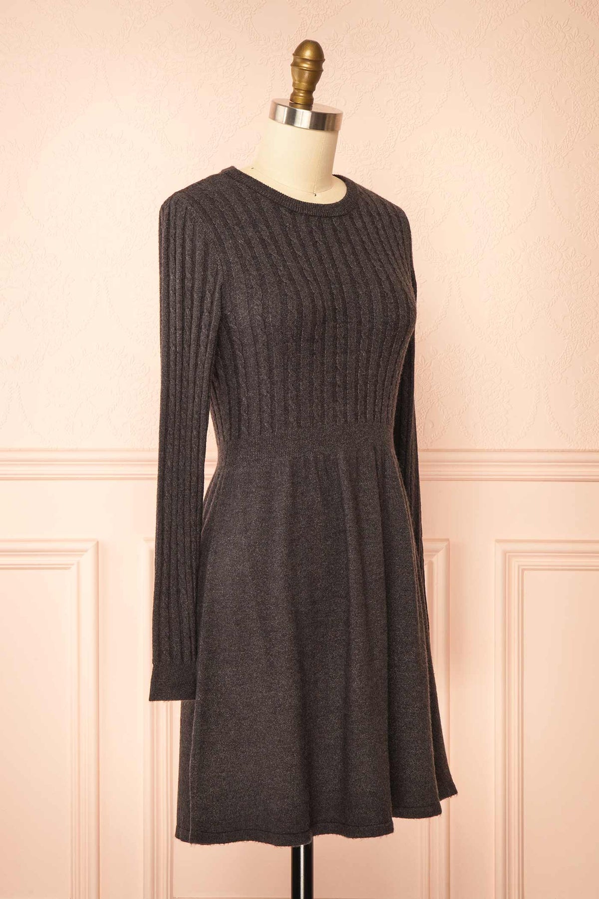 side view of Pertina Dark Grey Short Knit Dress with Long Sleeves at Boutique 1861