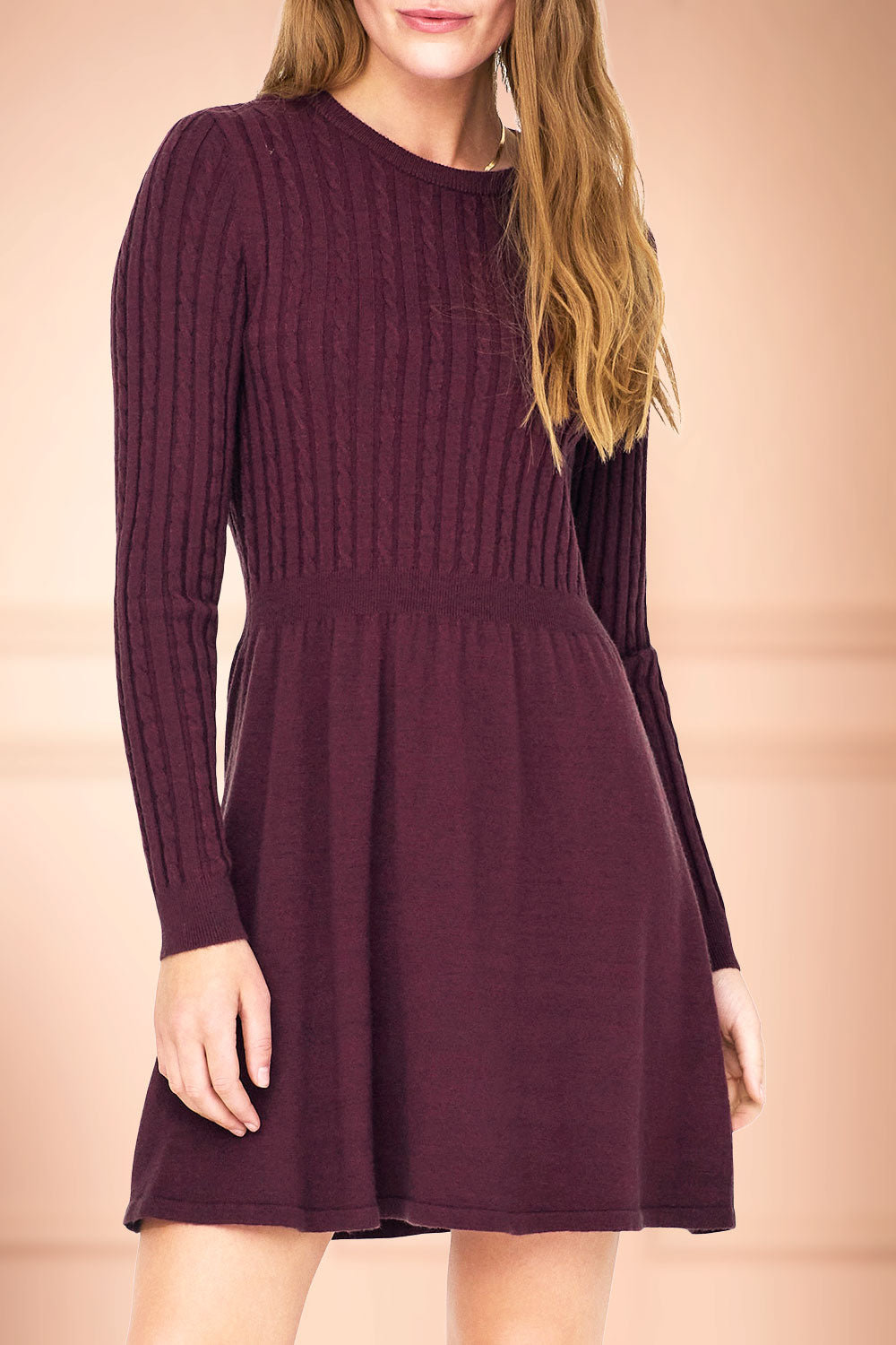 person wearing Pertina Burgundy Short Knit Dress with Long Sleeves | Boutique 1861 front