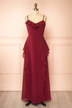 front view of Petria Burgundy Ruffled Accent Sleeveless Maxi Dress with Front Tie at Boutique 1861
