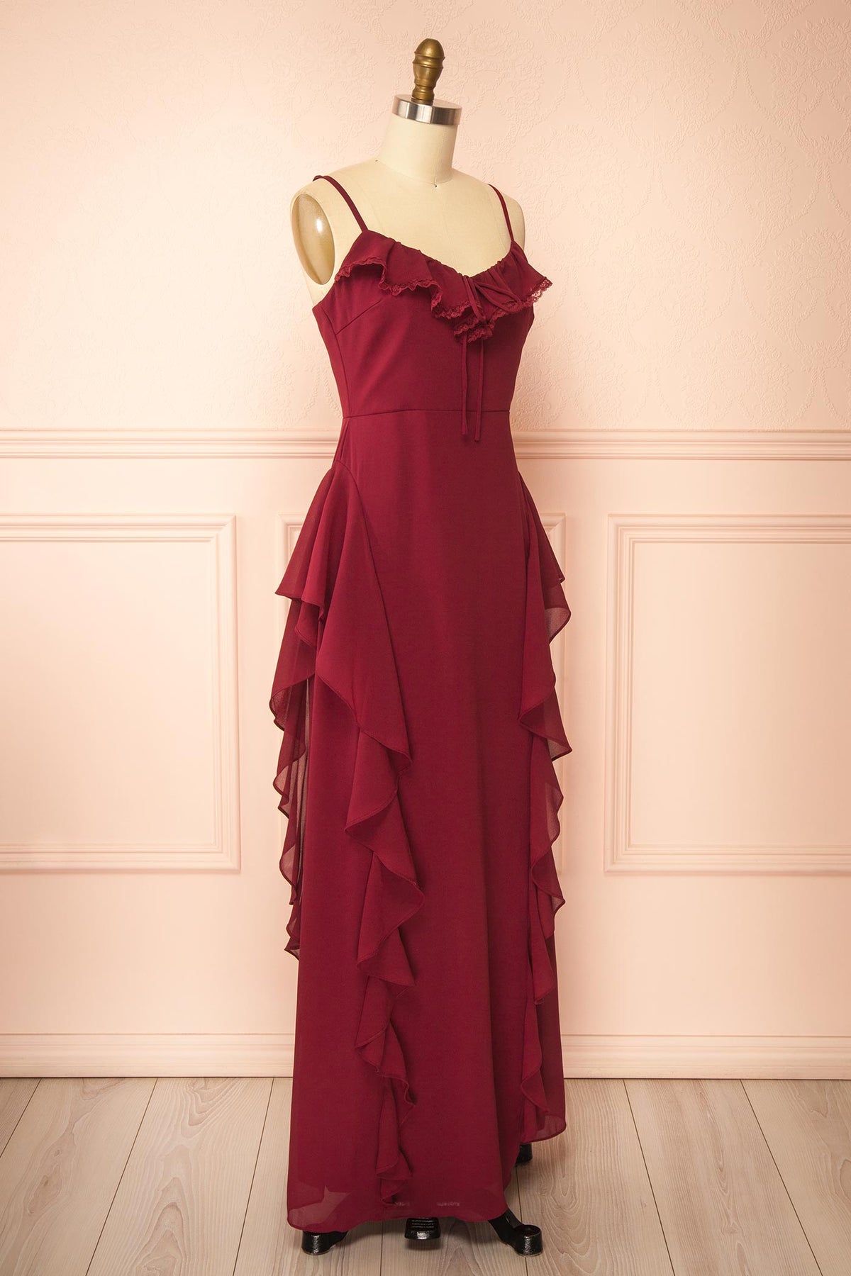 side view of Petria Burgundy Ruffled Accent Sleeveless Maxi Dress with Front Tie at Boutique 1861