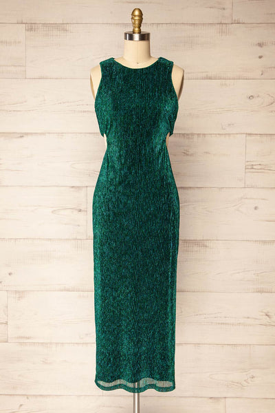 Pezenas Green Midi Dress w/ Metallic Threads | La petite garçonne front view