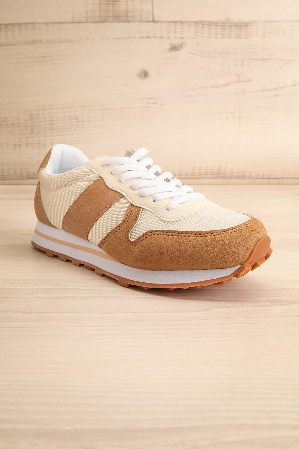 Phebes Brown and Cream Lace-Up Sneakers | La petite garçonne front view