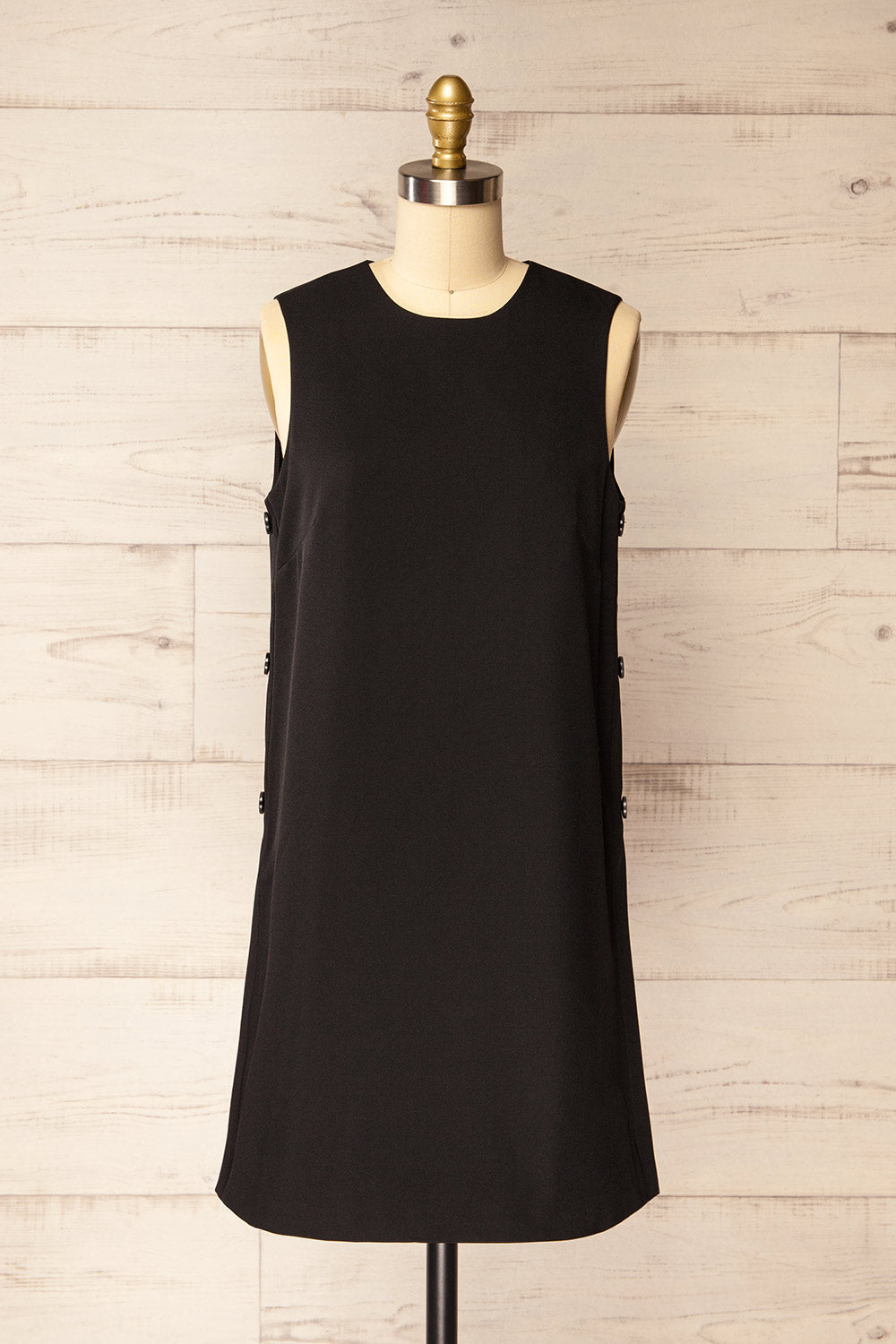 Phedi Black Sleeveless Dress with Button Detailing | La petite garçonne front view