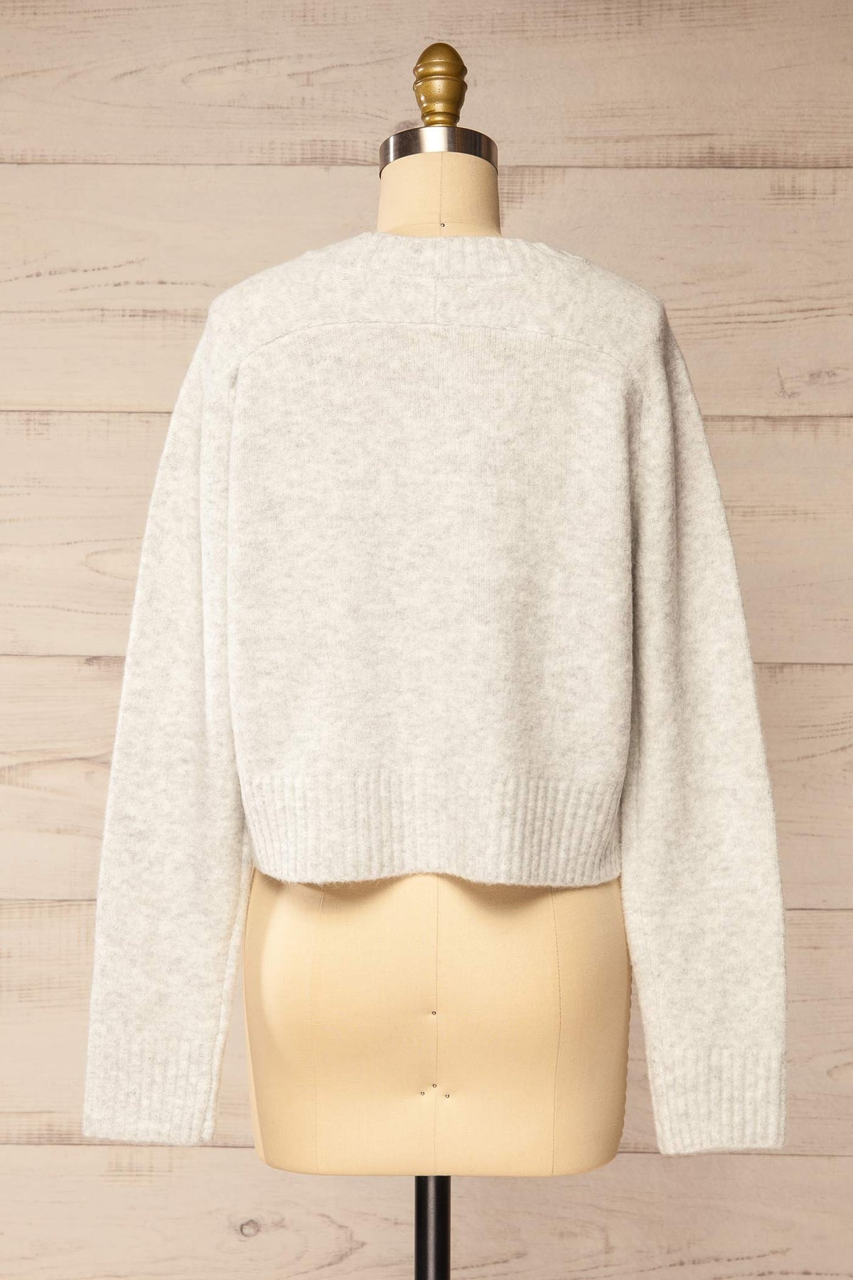 back view of Philemire Light Grey Crew Neck Cropped Knit Sweater at La petite garçonne