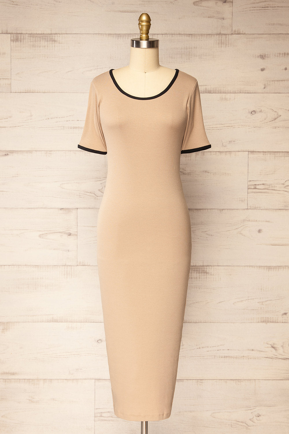 Phloriane Beige Ribbed Midi Dress w/ Black Trim | La petite garçonne front view