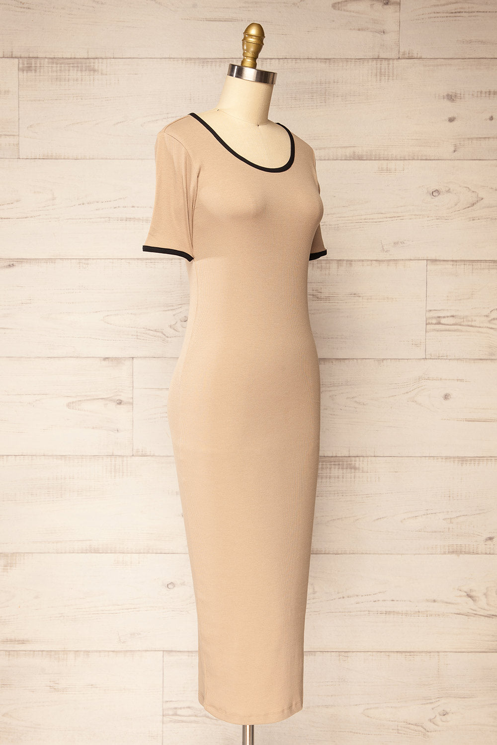 Phloriane Beige Ribbed Midi Dress w/ Black Trim | La petite garçonne side view