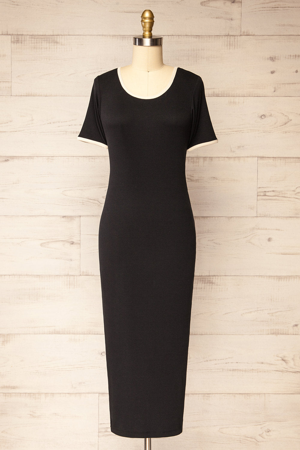 Phloriane Black Ribbed Midi Dress w/ Ivory Trim | La petite garçonne front view