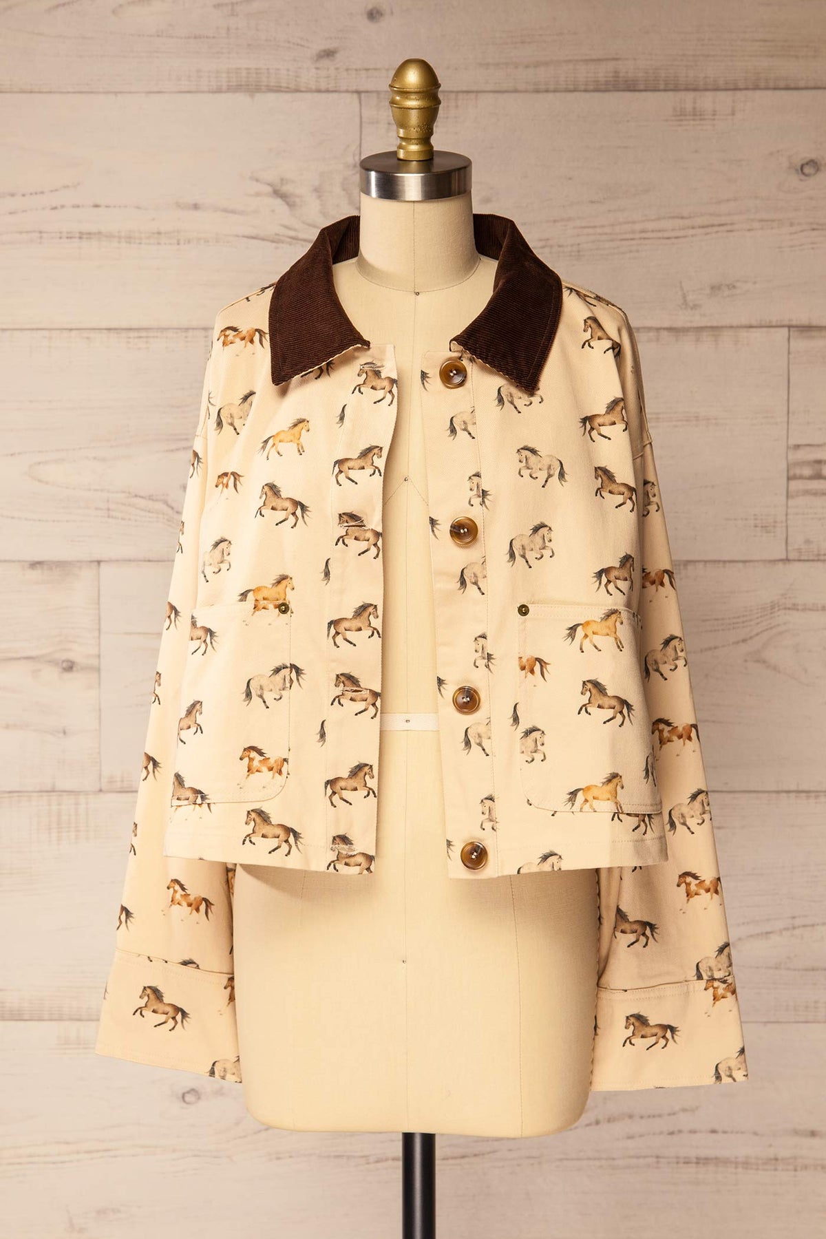 open view of Pietrosella Ivory Horse Print Canvas Jacket with Corduroy Collar at La petite garçonne