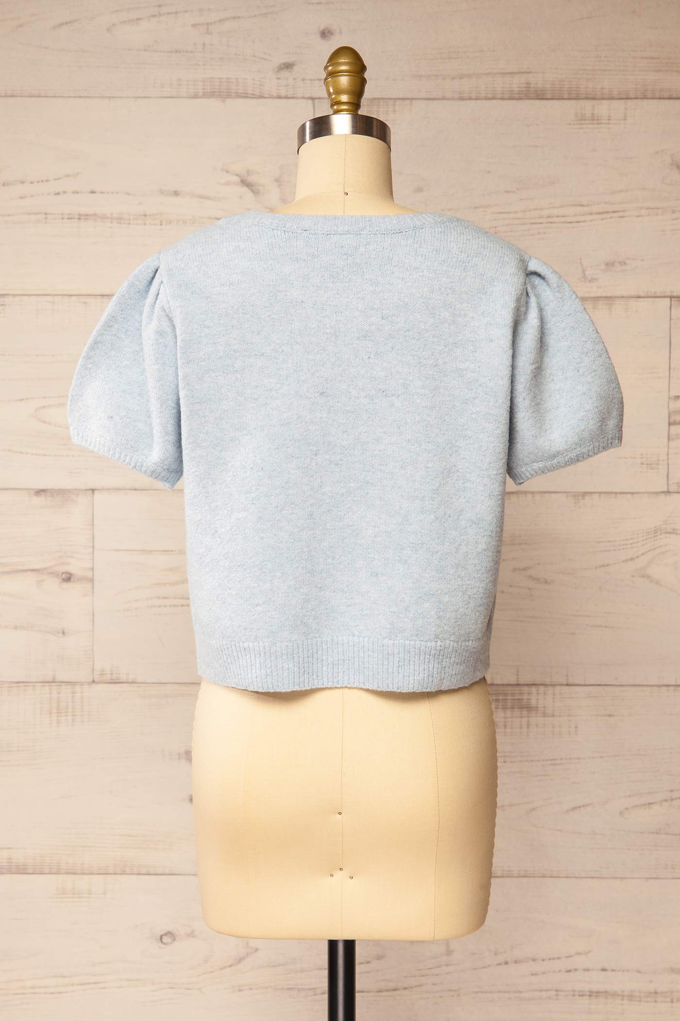 back view of Pokhodsk Blue Duck Graphic Short Puff Sleeve Knit Sweater at La petite garçonne