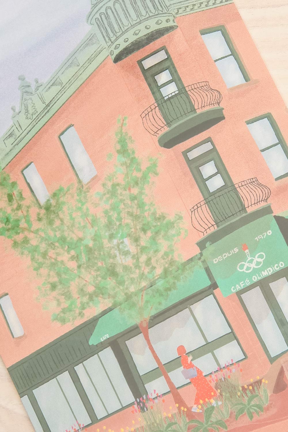 Cafe Olimpico Illustrated Montreal Postcard | Maison garçonne close-up