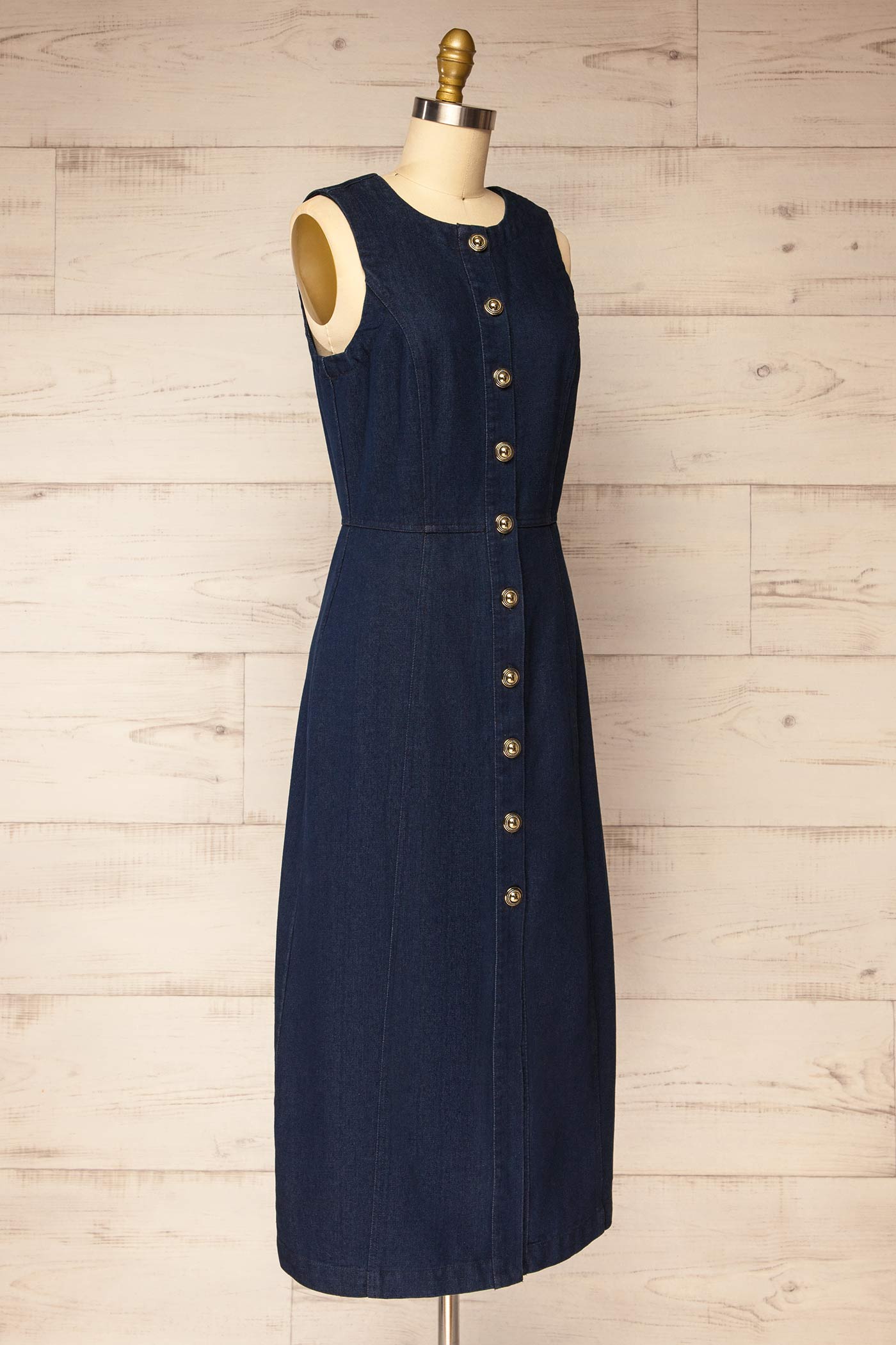 Sideview Potenza Sleeveless Denim Midi Dress at la petite garçonne