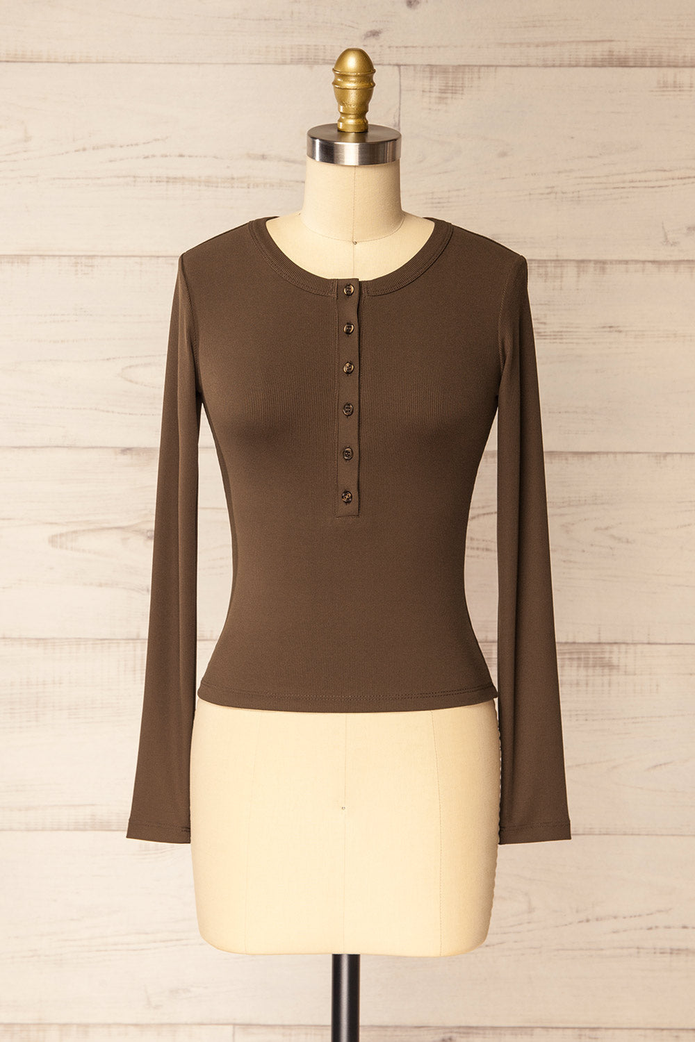 Poway Brown Long Sleeve Fitted Ribbed Top | La petite garçonne front view