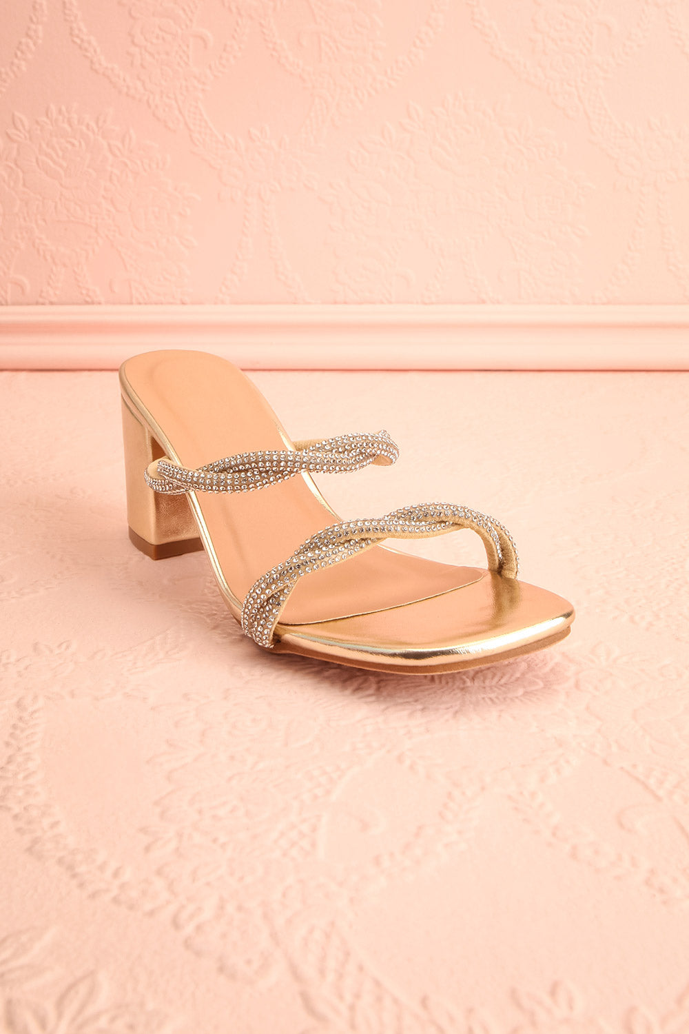 Prairie Gold Strappy Mid Heel Sandals w/ Crystals | Boutique 1861 front view