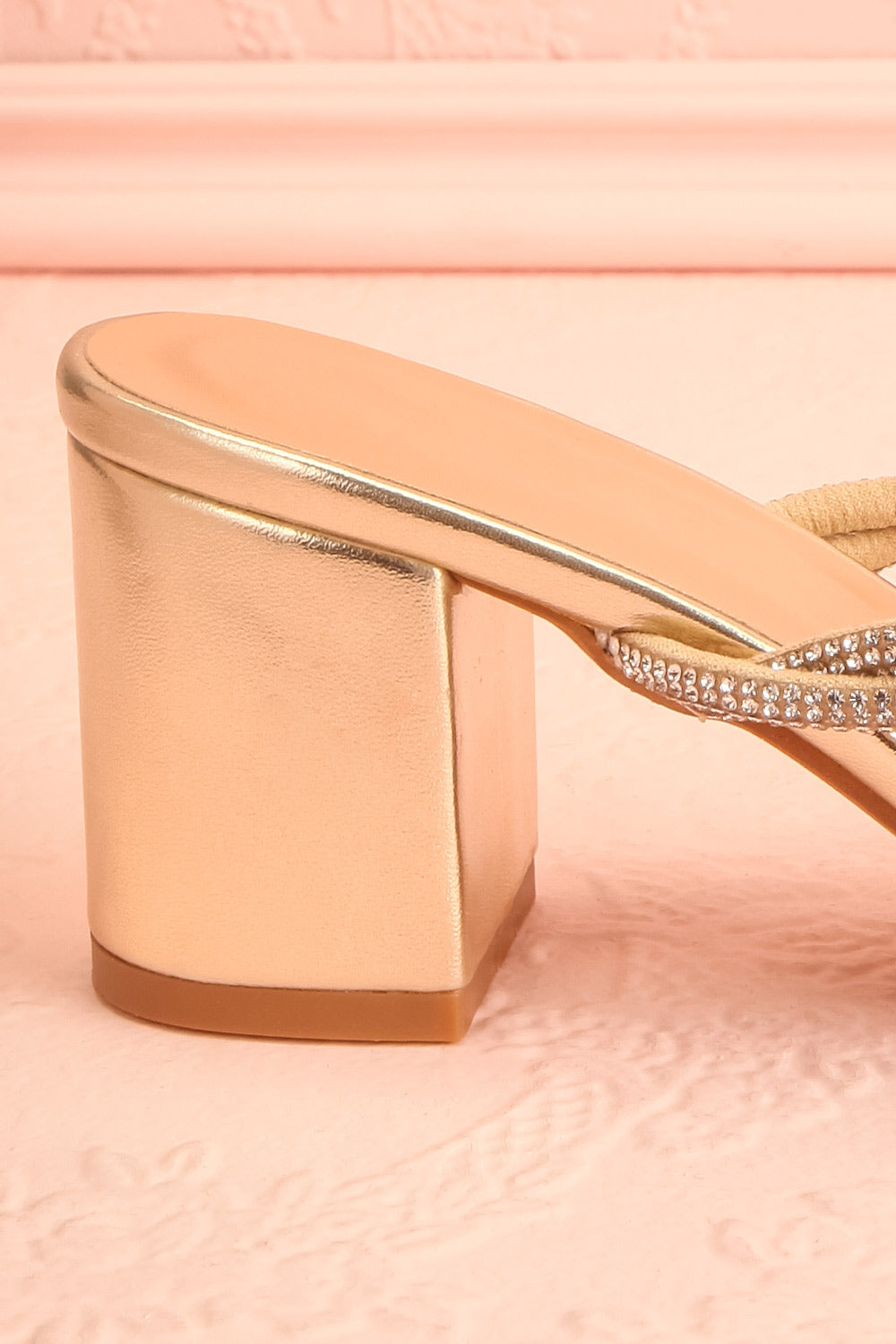 Prairie Gold Strappy Mid Heel Sandals w/ Crystals | Boutique 1861 side back close-up