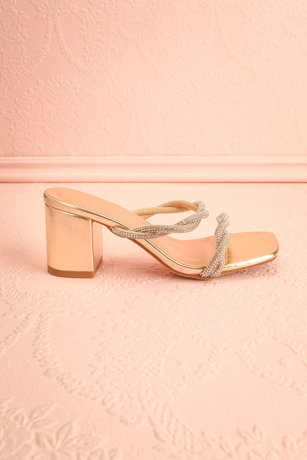 Prairie Gold Strappy Mid Heel Sandals w/ Crystals | Boutique 1861 side view