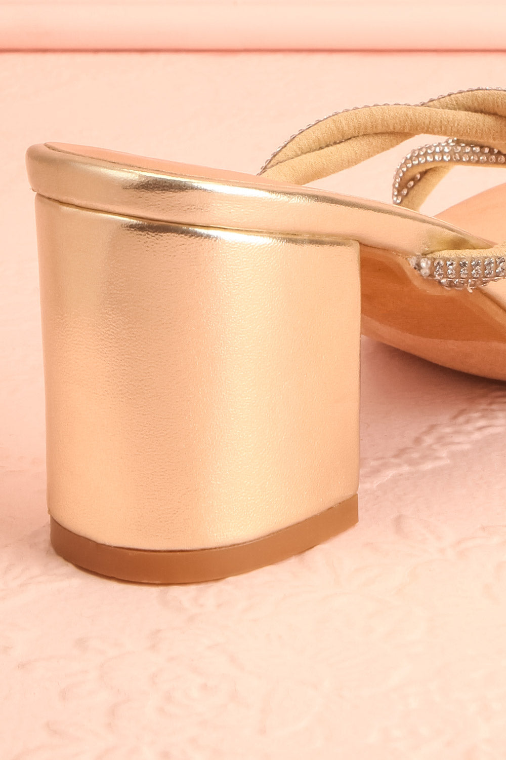 Prairie Gold Strappy Mid Heel Sandals w/ Crystals | Boutique 1861 back close-up