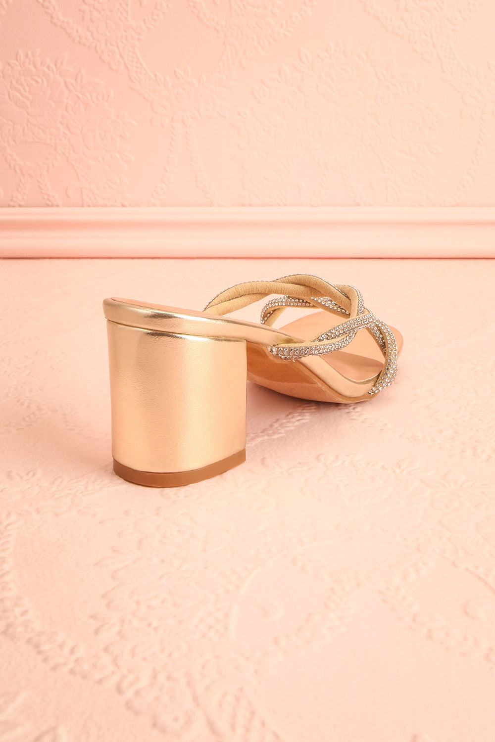 Prairie Gold Strappy Mid Heel Sandals w/ Crystals | Boutique 1861 back view