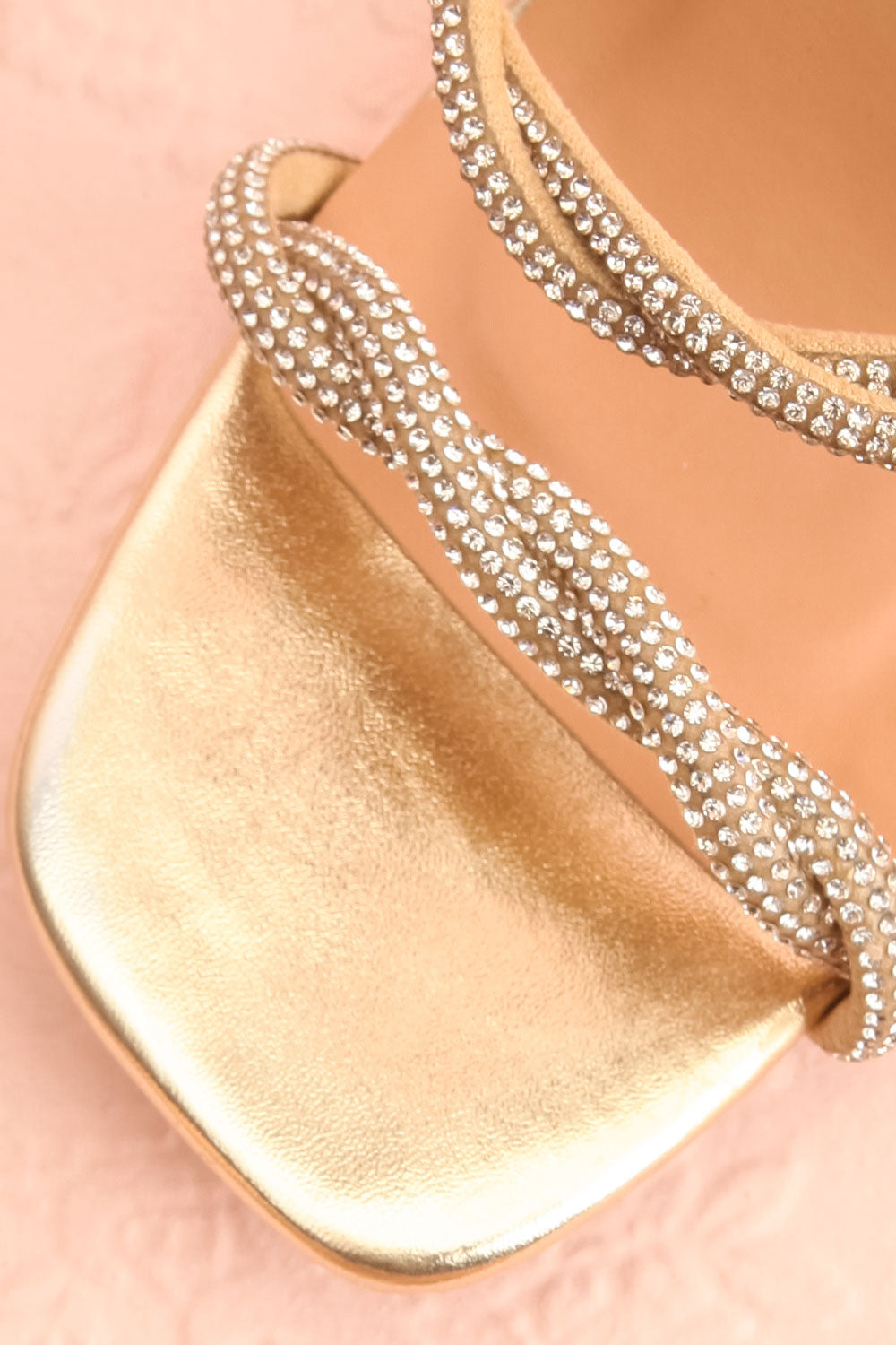 Prairie Gold Strappy Mid Heel Sandals w/ Crystals | Boutique 1861 flat close-up