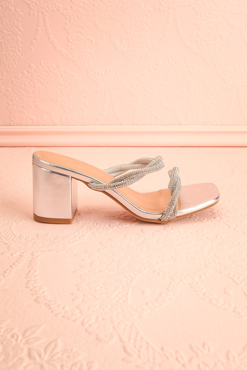 Prairie Silver Strappy Mid Heel Sandals w/ Crystals | Boutique 1861 side view