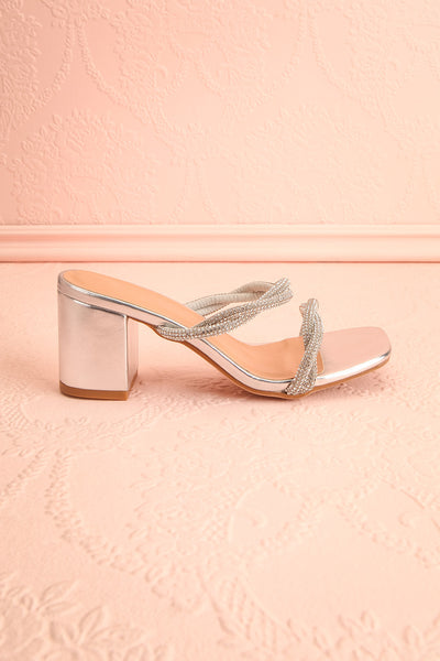 Prairie Silver Strappy Mid Heel Sandals w/ Crystals | Boutique 1861 side view