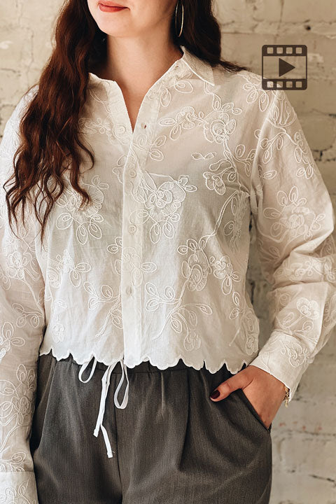 Video of a model wearing Evans Embroidered White Blouse with Scalloped Hem from La petite garçonne