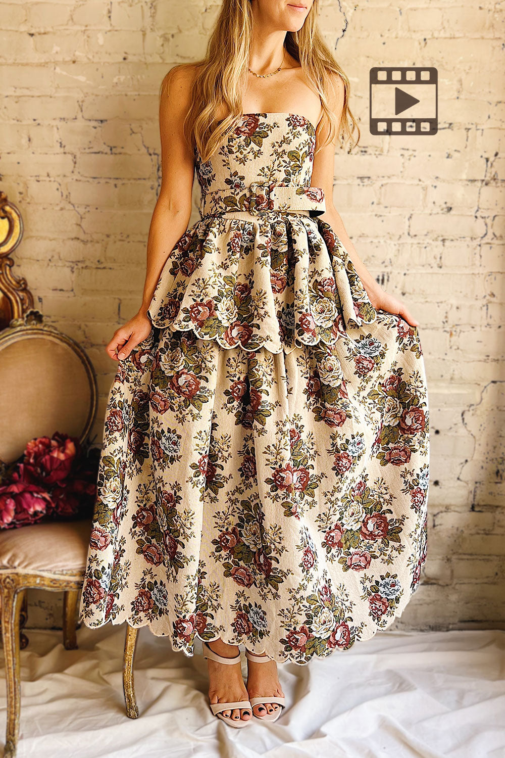 Video of Norina Long Strapless Jacquard Dress with Belt on a model at Boutique 1861