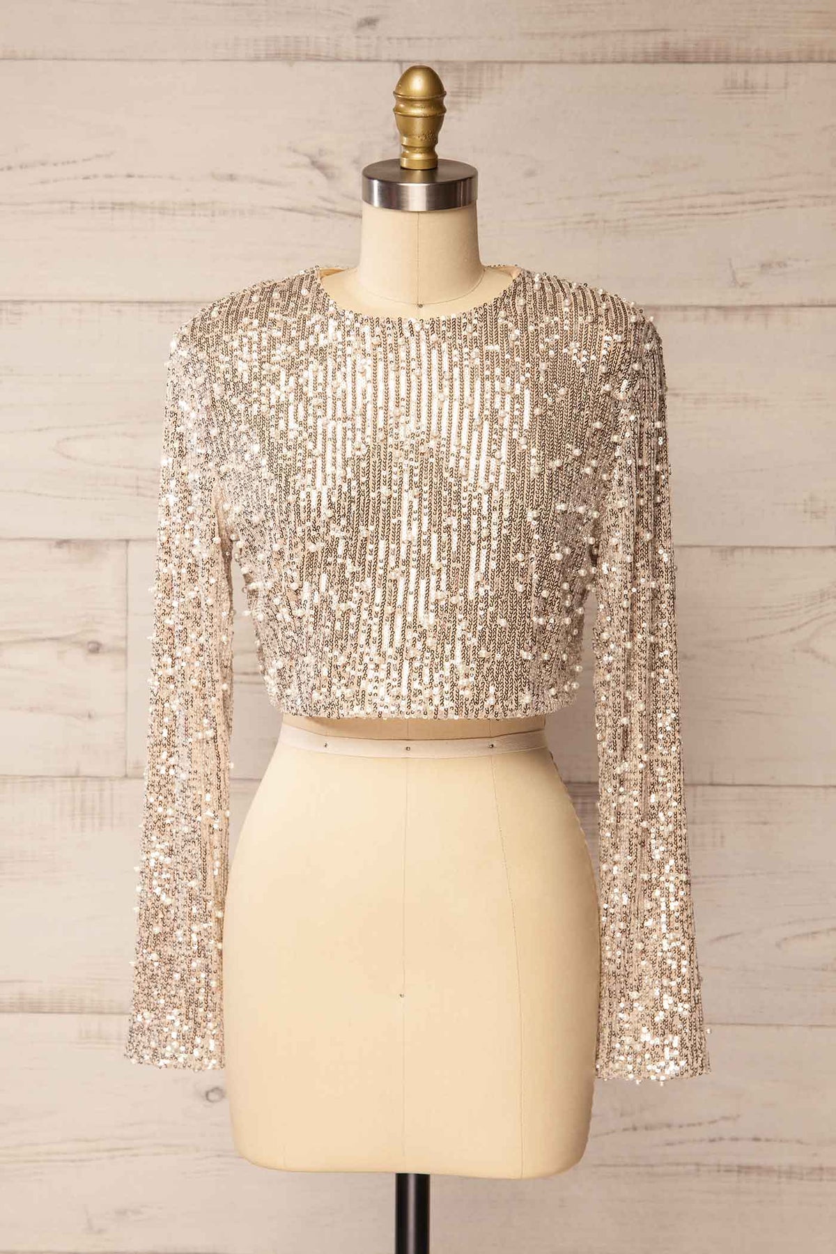 Front view of Pucallpa Champagne Sequin and Pearl Embellished Long Sleeve Crop Top at Boutique 1861