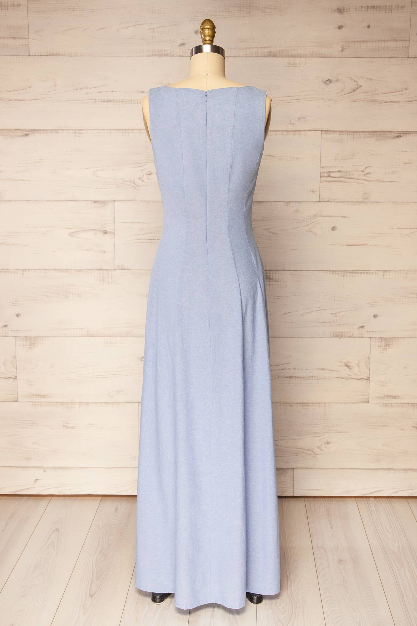Backview Puebla Light Blue Sleeveless Boat Neck Maxi Dress at la petite garçonne