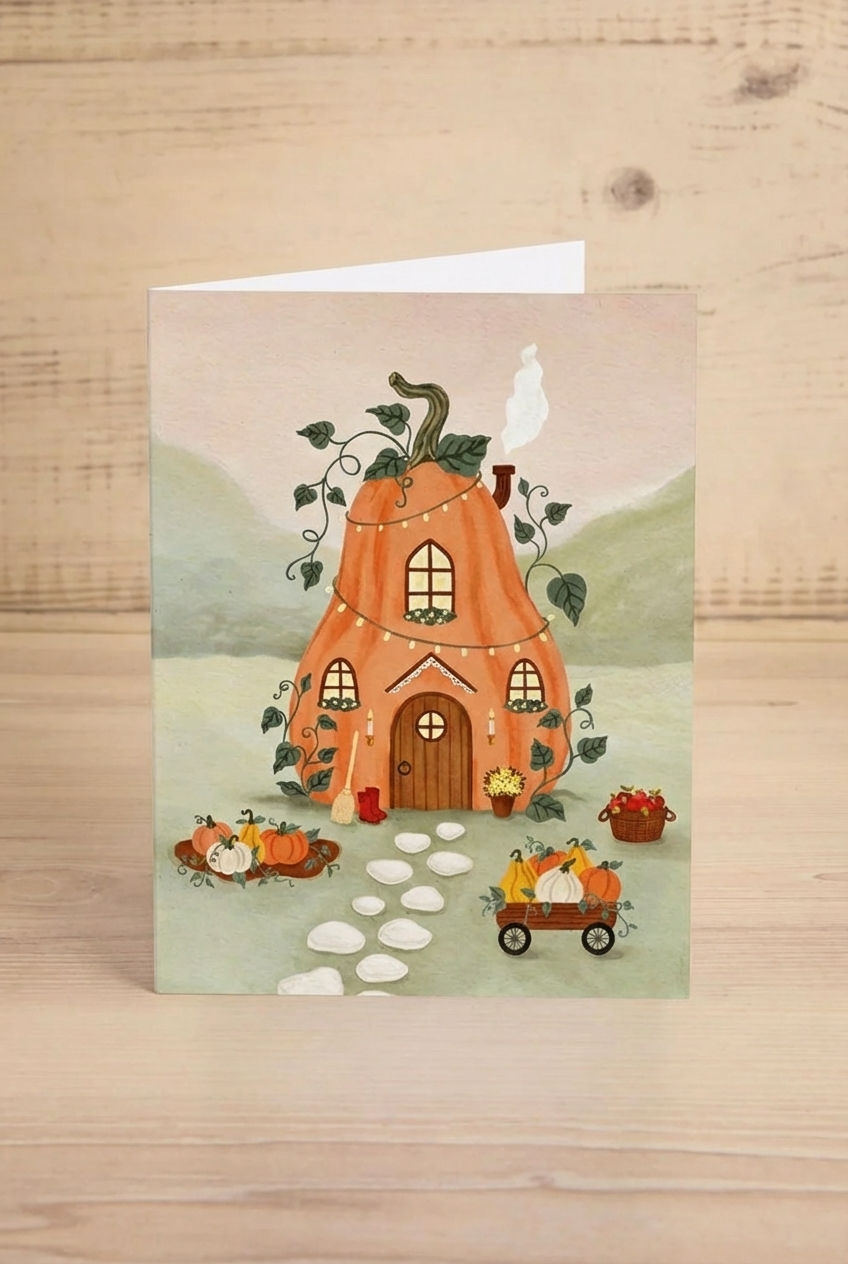 Card Illustration of a pumpkin-shaped house with decorative elements from Marie-Lise