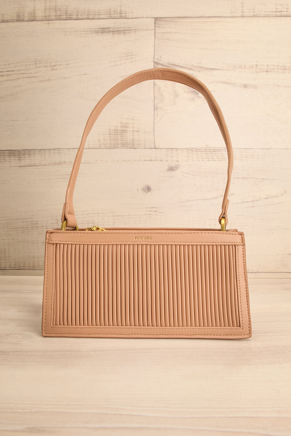Purtalotum Beige Pleated Vegan Leather Clutch | La petite garçonne front view