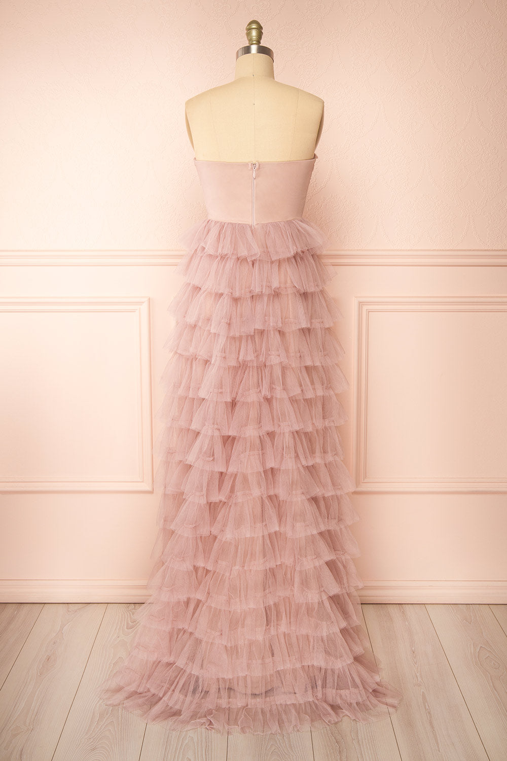 Qila Mauve Strapless Tulle Ruffled Dress | Boutique 1861 back view