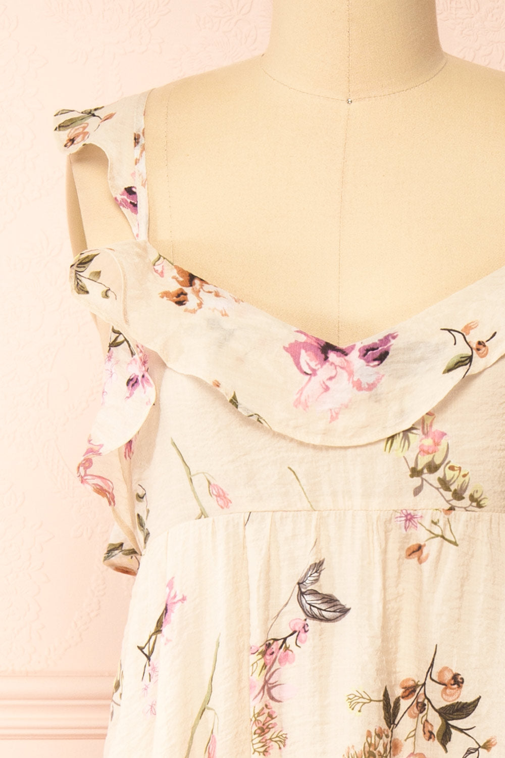 Queenie Beige Floral Maxi Dress w/ Ruffled Straps | Boutique 1861 front