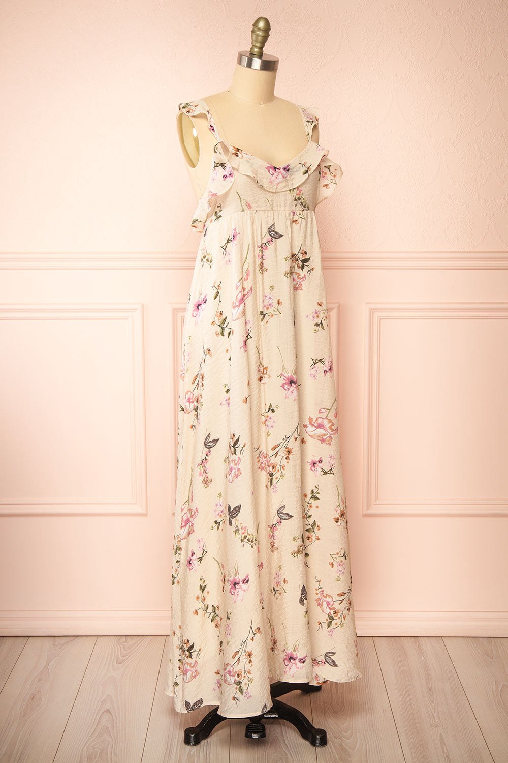 Queenie Beige Floral Maxi Dress w/ Ruffled Straps | Boutique 1861 side view