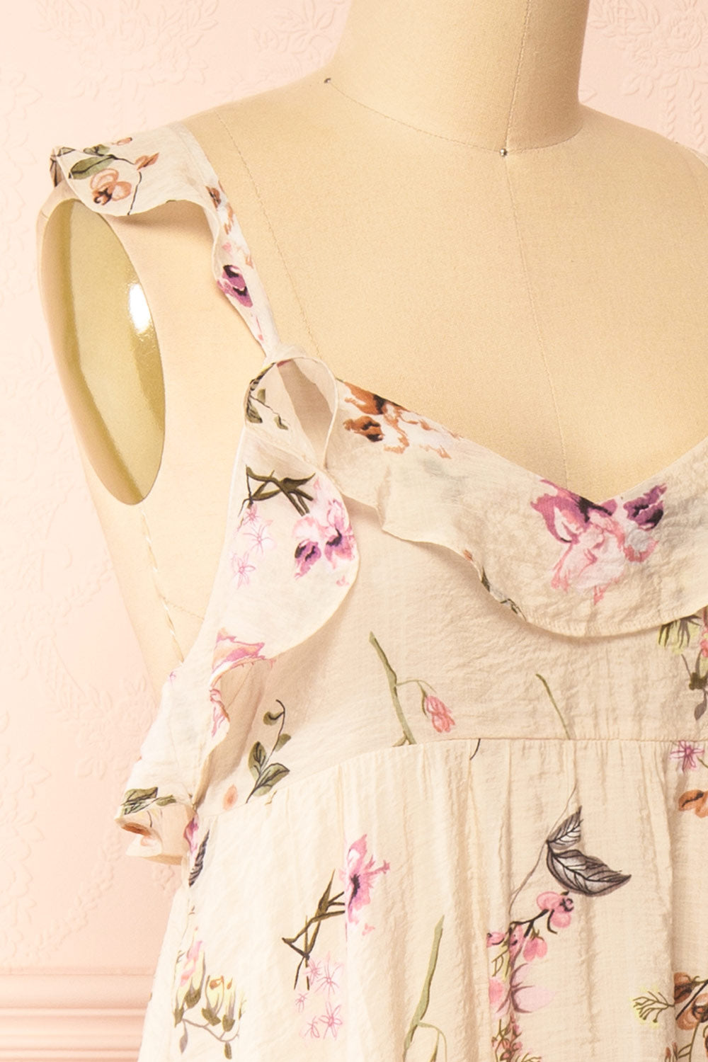 Queenie Beige Floral Maxi Dress w/ Ruffled Straps | Boutique 1861 side