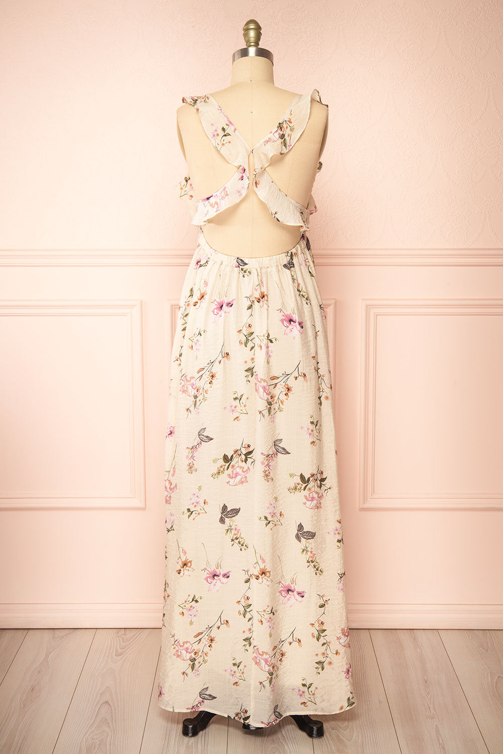 Queenie Beige Floral Maxi Dress w/ Ruffled Straps | Boutique 1861 back view