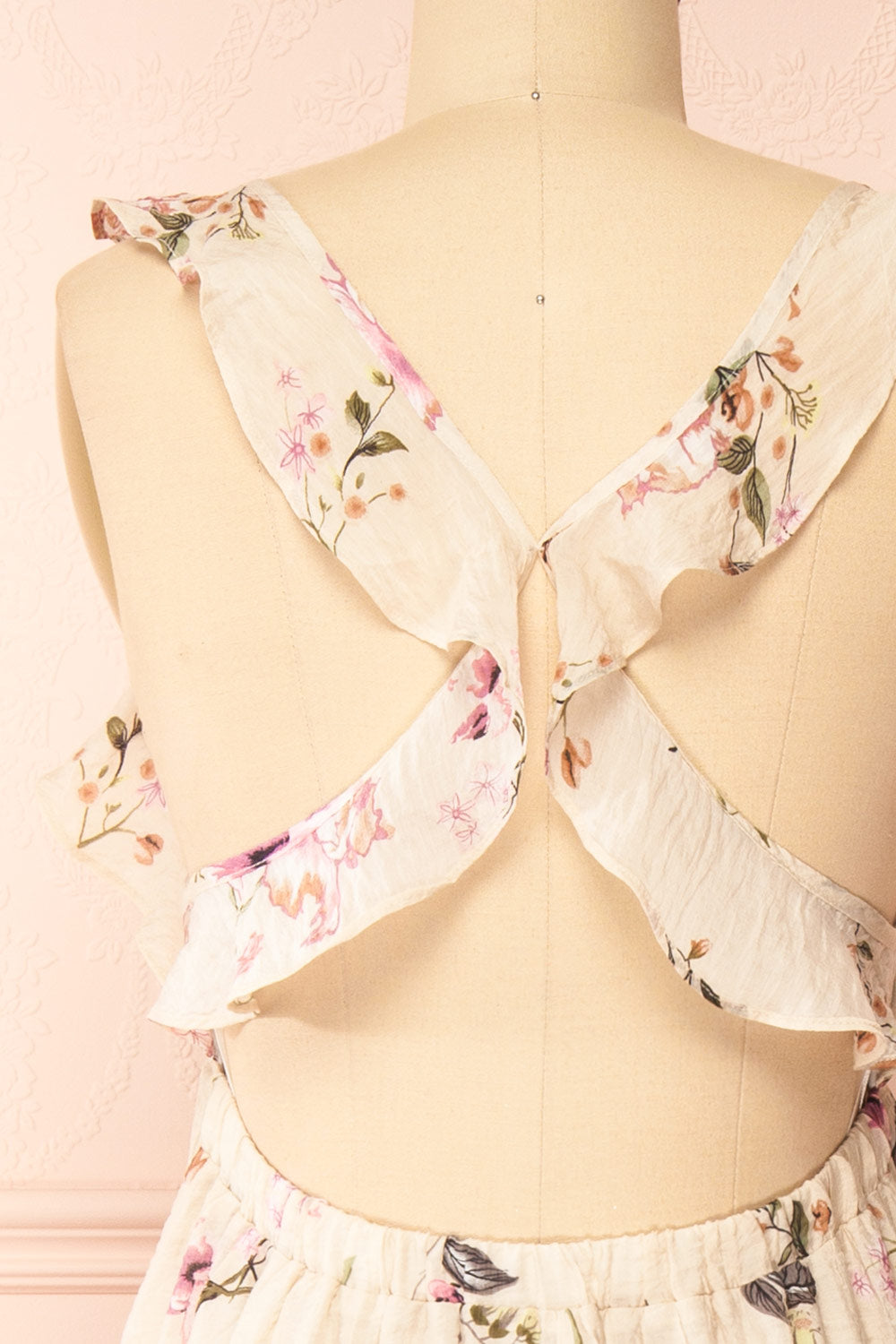 Queenie Beige Floral Maxi Dress w/ Ruffled Straps | Boutique 1861 back
