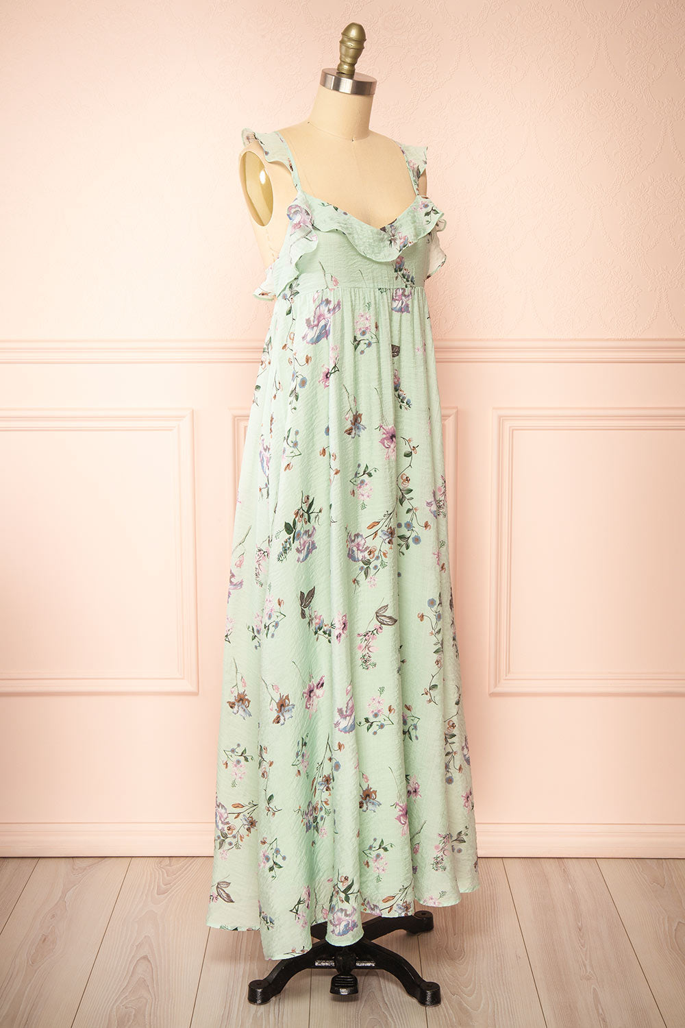 Queenie Green Floral Maxi Dress w/ Ruffled Straps | Boutique 1861 side view