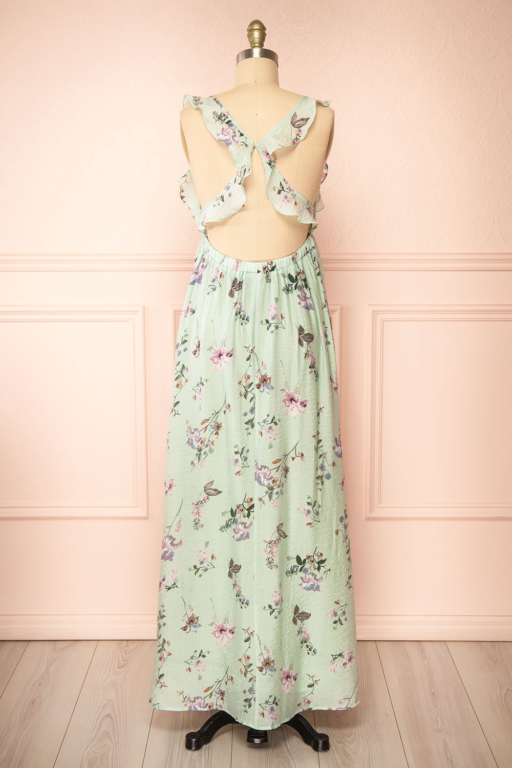 Queenie Green Floral Maxi Dress w/ Ruffled Straps | Boutique 1861 back view