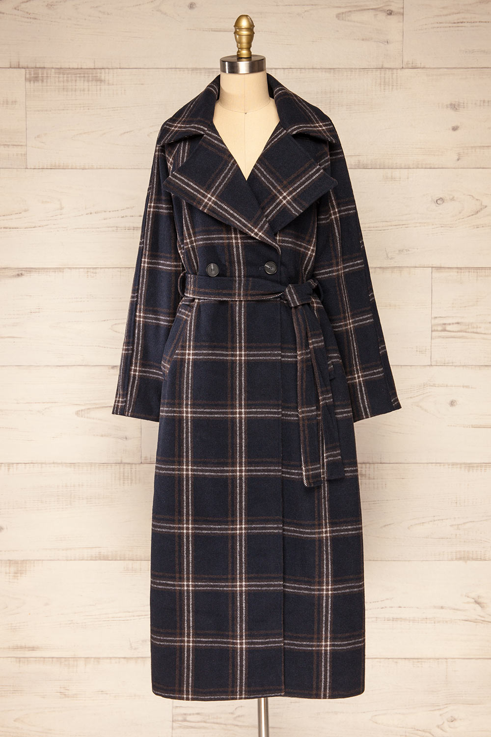 Queenstown Navy Plaid Trench Coat | La petite garçonne front view