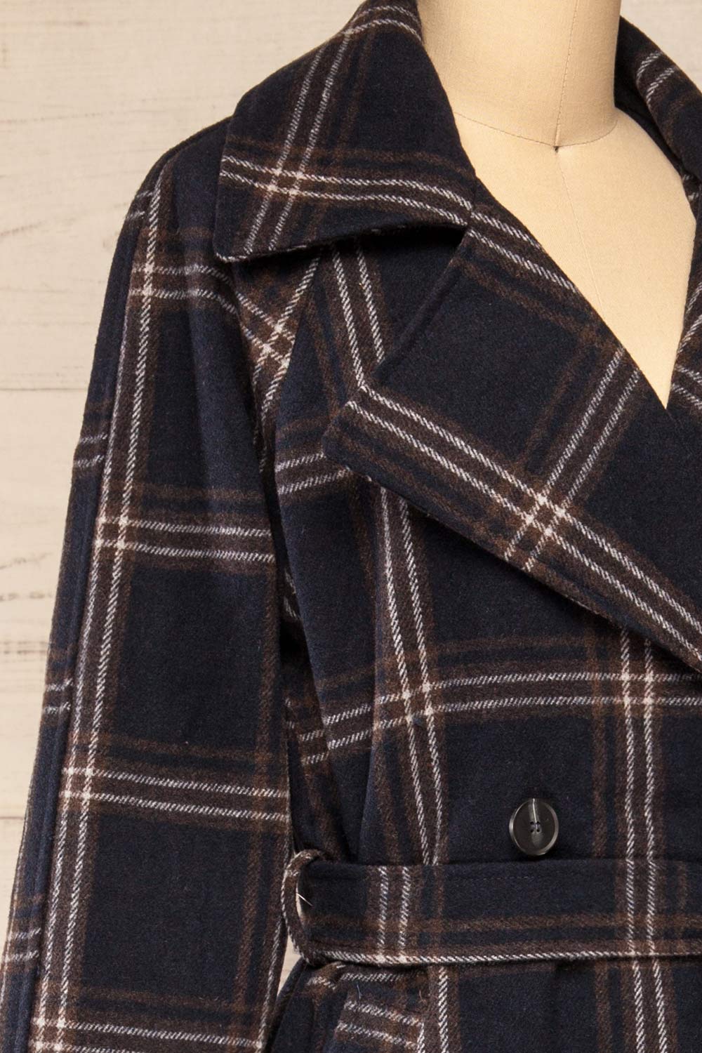 Queenstown Navy Plaid Trench Coat | La petite garçonne side close-up