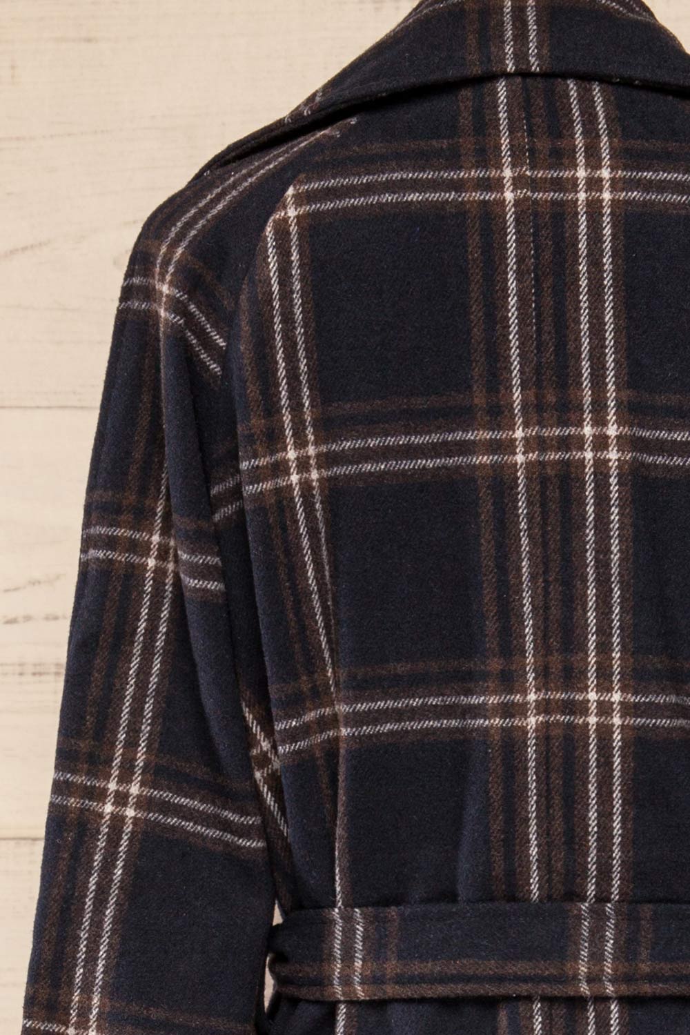 Queenstown Navy Plaid Trench Coat | La petite garçonne back close-up